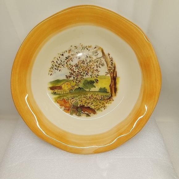 CERAMICHE TADINATE 10" Pasta Soup Salad Bowl Peach Rim Autumn Italy Farm Scene - Picture 1 of 14